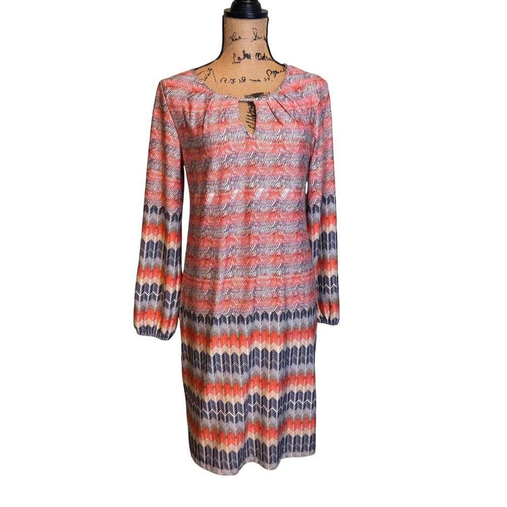 Emma & Michele Womens Chevron Geometric Long Sleeve Midi Dress Orange Navy Small